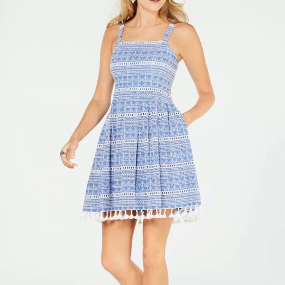 Vince Camuto Blue and White Geometric Print Mini Dress with Tassel Trim